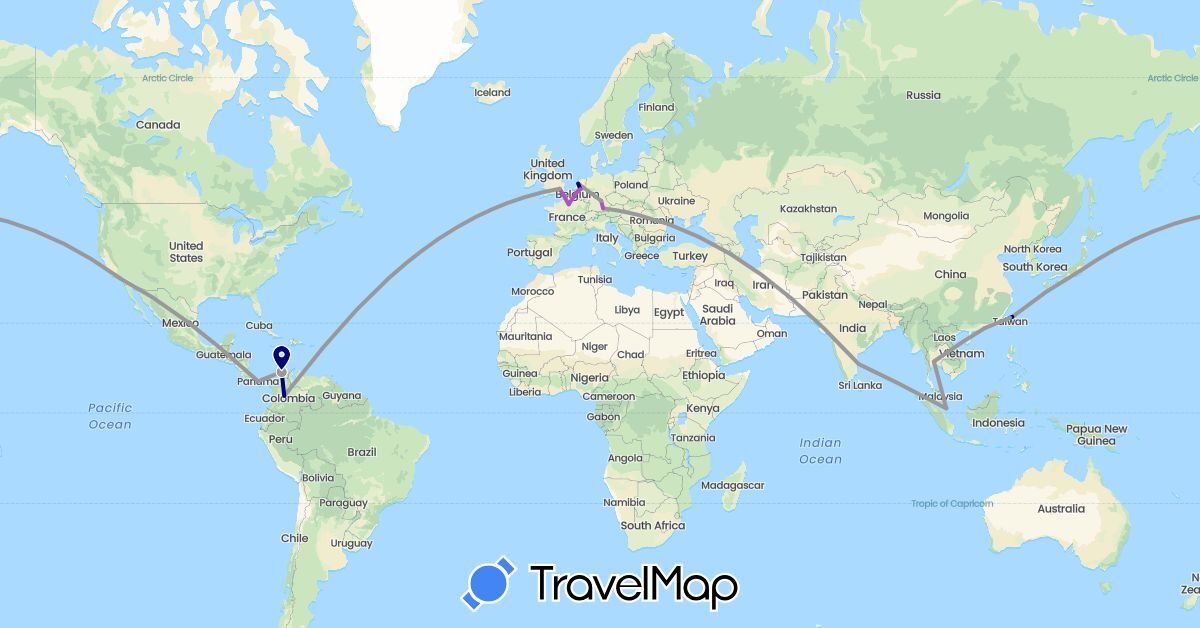 TravelMap itinerary: driving, plane, train in Belgium, China, Colombia, Germany, France, United Kingdom, India, Japan, Netherlands, Panama, Singapore, Thailand, Taiwan, United States (Asia, Europe, North America, South America)